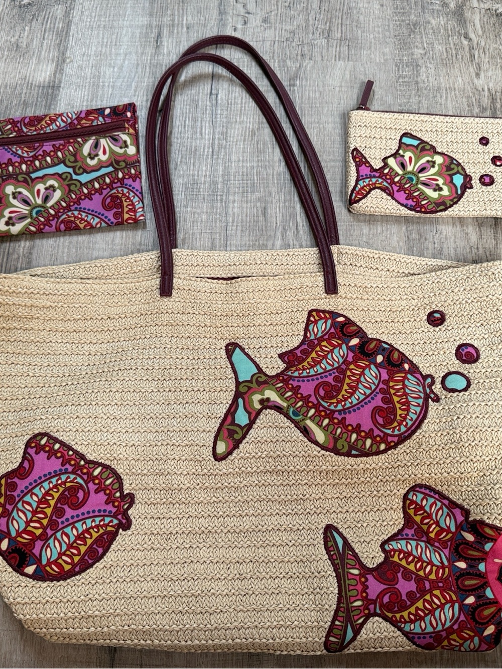 Vera Bradley Multicolor Fish Set - Tote with 2 Pouches